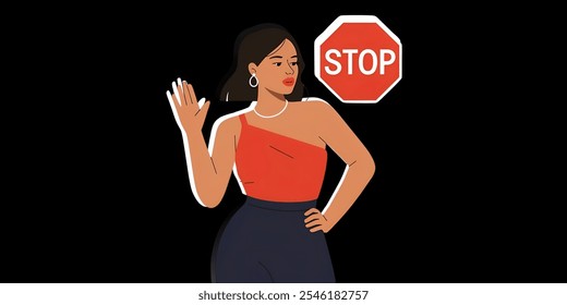 Woman with stop sign creative banner,minimalistic flat vector illustration,plain background