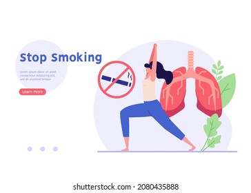 Woman with stop sign quits smoking. Ex-smoker with new health life. Concept of stop smoking, healthy habits. No tobacco day. Vector illustration in modern flat cartoon design