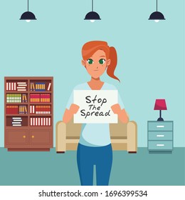 woman with stop spread covid19 banner vector illustration design