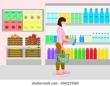 Woman in the store buys groceries. Girl with a trolley in grocery store. A young lady in a mask buys groceries. Vector