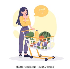 Woman in store with cart concept. Young girl with goods in grocery store. Vegetables and fruits. Supermarket or mall, shop. Routine and household chores. Cartoon flat vector illustration