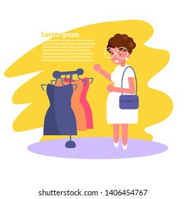 Woman in store chooses dress Vector. Cartoon. Isolated art on white background. Flat