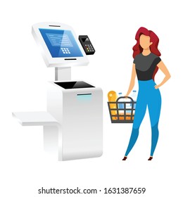 Woman with store terminal flat color vector faceless character. Supermarket payment system isolated cartoon illustration on white background. Self service technology. Contactless pay technology