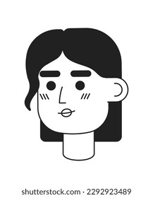 Woman with straight neck length hair monochromatic flat vector character head. Editable black white cartoon face emotion. Hand drawn lineart ink spot illustration for web graphic design, animation