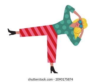 Woman in strange position with binoculars. Vector illustration.