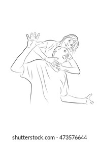 Woman strangles man joking. Pencil drawing.