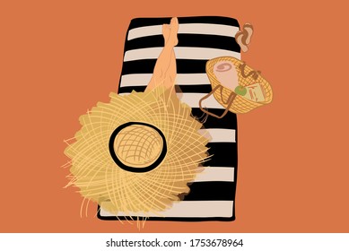 Woman in straw hat lying on a sunbed during a summer vacations, view from above. Vector illustration in flat style