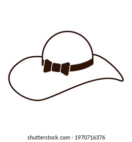 Woman Straw Hat Outline Isolated Icon on White Background. Fashionable straw hat with wide flaps symbol for logo, web design, stickers, prints. Summer vacation accessory