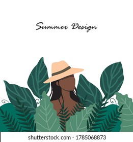 A woman in a straw hat stands in a thicket of tall grass. Vector illustration
