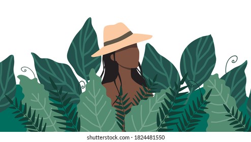 A woman in a straw hat stands in a thicket of tall grass. Vector illustration