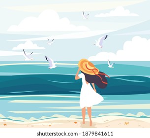Woman in a straw sunhat at the seaside standing on the beach looking out over the ocean watching seagulls, colored vector illustration