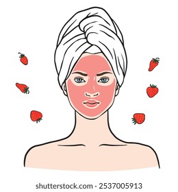 Mujer con mascarilla de fresa, cabello envuelto. Promueve el cuidado de la piel, el rejuvenecimiento. Ideal para tratamientos de belleza, spa natural, rutinas de autocuidado.