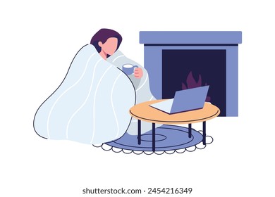 woman streaming and warming herself in front of the fireplace with a cup of coffee flat style illustration vector design