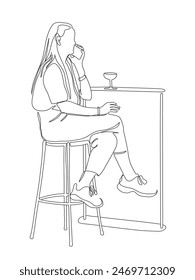 Woman at street cafe table with glass on it. Sitting and talking on the phone. Single line drawing. Black and white vector illustration in line art style.