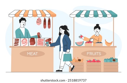 Mujer con mercado callejero. Chica joven cerca de mostradores con carne y fruta. Los clientes en el bazar eligen alimentos naturales y orgánicos. Tienda local de Asistencia. Ilustración vectorial lineal aislada sobre fondo blanco