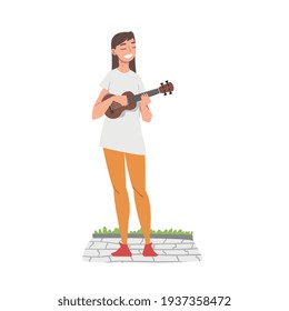 Woman Street Musician Character Playing Ukulele, Live Performance Concept Cartoon Style Vector Illustration