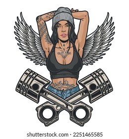 Woman street racer element colorful with car pistons and angel wings behind hot girl with cocky tattoo vector illustration