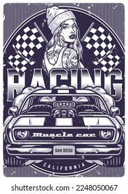 Woman street racer monochrome flyer retro car with external engine on hood and girl with finishing flags for competition vector illustration