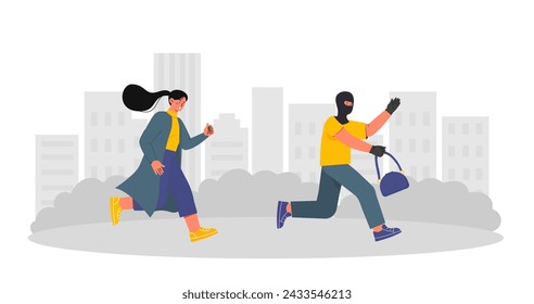 Mujer con robo callejero. Chica joven corre a criminal con bolsa. Crimen en la ciudad. Peligroso y peligroso. Ladrón y robo. Ilustración plana del vector de la historieta aislada sobre fondo blanco