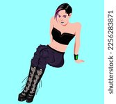 A woman in street style is sitting on the floor. Sci-fi style vector illustration
