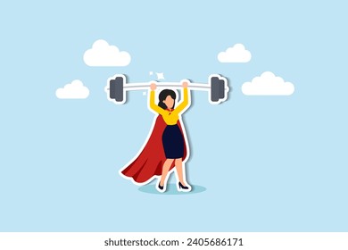 Woman strength powerful superhero, lady leadership or success female leader, pride, ambition, effort or business champion concept, confidence powerful businesswoman superhero lifting heavy weight.