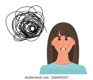 Woman in stress. Anger. The girl is upset and confused in her thoughts. Depression, anger and burnout. Vector illustration, cartoon emotional character