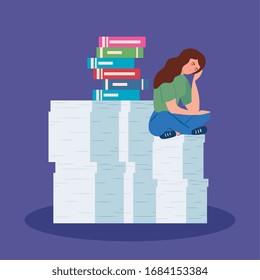 woman with stress attack and pile documents vector illustration design
