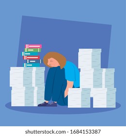 woman with stress attack and pile documents vector illustration design
