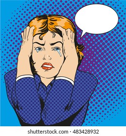 Woman in stress and crying. Vector illustration in comic retro pop art style. svg