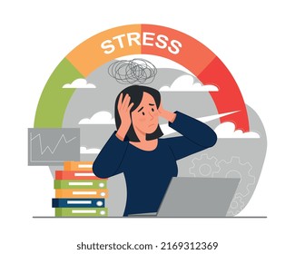 Woman in stress. Girl in panic holds head in front of computer. Employee does not have time to meet deadline, poor time management. Work pressure and burnout. Cartoon flat vector illustration