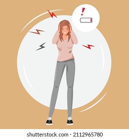 Woman in stress holding her head. Body battery. Depression illustration. 