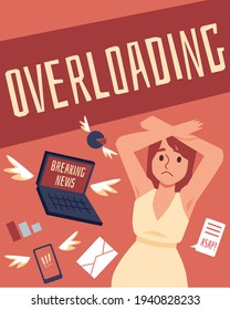 Woman in stress overwhelmed by lot of information and internet data stream.