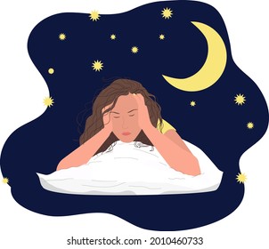 A woman with stress. She is awake at night, touches her forehead and suffers from insomnia. Depression.