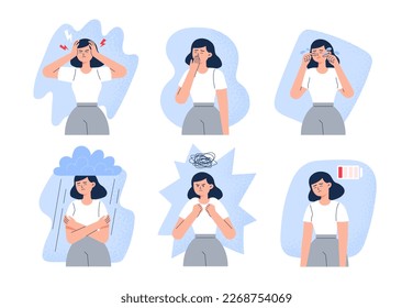 Woman with stress symptoms. Health problems include headaches, insomnia, hysterics, depression, anger, and tiredness. Flat-style vector illustrations isolated on the white background.