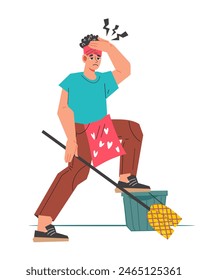 Woman in stress tired of housework tasks and chores, flat vector illustration isolated on white background. Housewife in frustration, depression and being overworked at home.	
