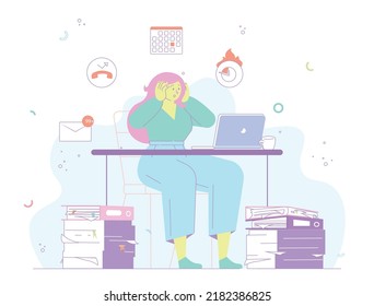 Woman in stress. A lot of work. Paper worker  is bussy. Missed calls and messages. Deadline