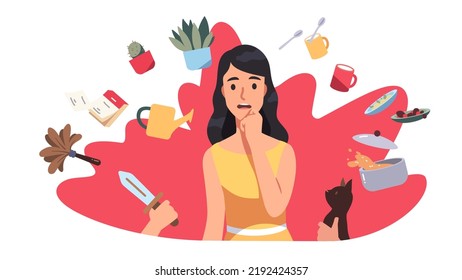 Woman stressed about multiple housework chores. Worried person think about housekeeping work, cooking, taking care of house plants, cat pet. Domestic overwork stress concept flat vector illustration