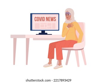 Woman stressed of covid news semi flat color vector character. Editable figure. Full body person on white. Simple cartoon style illustration for web graphic design and animation. Bebas Neue font used