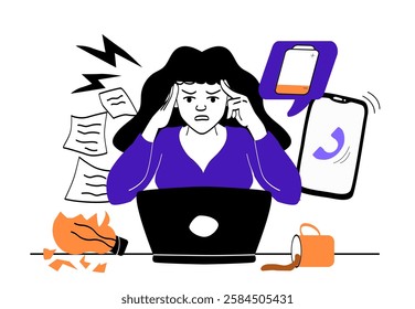 Woman stressed at her laptop, surrounded by papers, phone calls, low battery, broken bulb, and spilled coffee, symbolizing work pressure