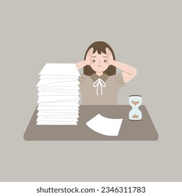 woman stressed with overwork cartoon flat 