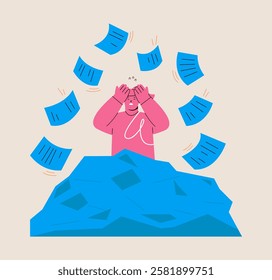 Woman is stressed with a lot of papers. Concept overworked. Colorful vector illustration
