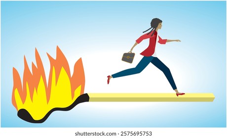 Woman in stressful situation. Running along burning match stick. Dimension 16:9. Vector illustration.