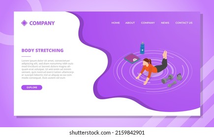 woman stretch before sports concept for website template or landing homepage with isometric style