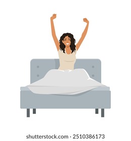 Woman stretch waking up in bed at home. Flat vector illustration isolated on white background