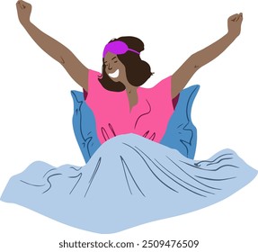 Mujer se estira en la cama. Chica feliz despierta y se siente bien a ti mismo. Ilustración vectorial.