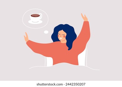 Woman stretches in the bed and thinking about coffee. Happy girl wakes up and feels good yourself. Healthy Morning habits and Body care concept. Vector illustration