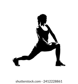 Woman stretches before running, stretching. Isolated vector silhouette, side view