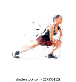 Woman stretches her muscles. Abstract low polygonal isolated vector illustration. Fitness exercises. Active lifestyle, geometric drawing