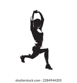 Woman stretches her thigh muscles after a workout. Regeneration after running, isolated vector silhouette