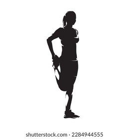 Woman stretches her thigh muscles after a workout. Regeneration after running, isolated vector silhouette